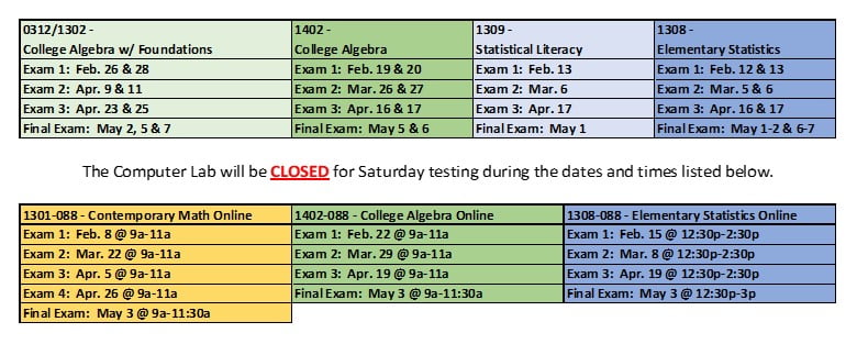 A table showing the dates exams will be held in P K H 3 0 8. 